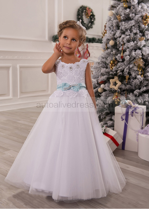 White Beaded Lace Tulle Flower Girl Dress Cheap Girl Dress